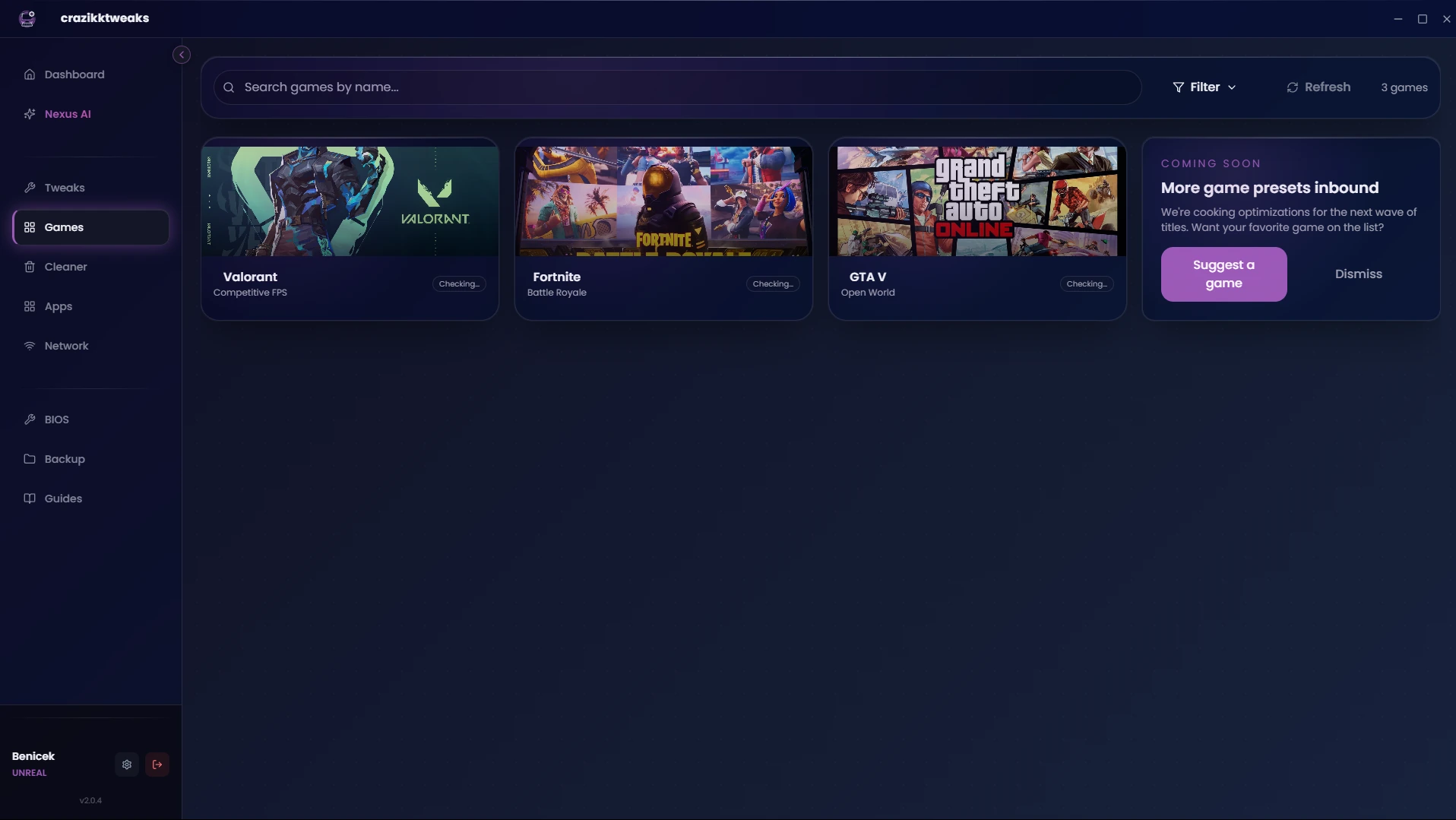 Game profiles for Valorant, Fortnite, and GTA V