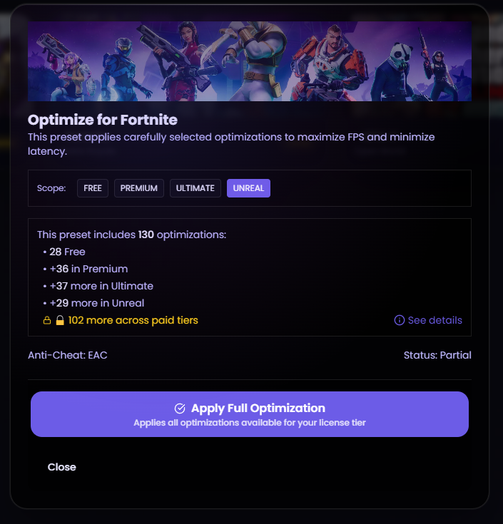FPS Gaming Presets interface